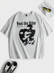 SHEIN Coolane Hơn Đồ họa Hình & Khẩu hiệu Áo thun - Màu xám đen - Xem 1