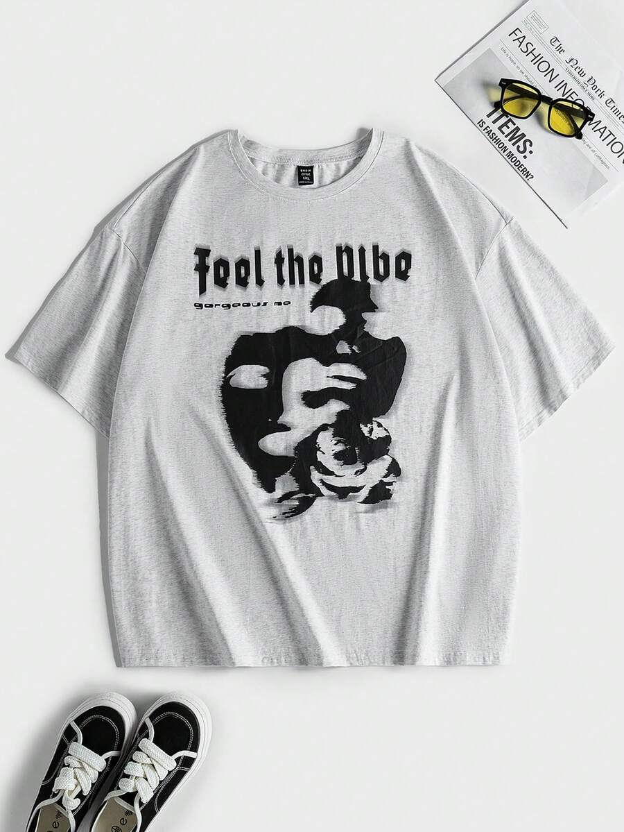 SHEIN Coolane Hơn Đồ họa Hình & Khẩu hiệu Áo thun - Màu xám đen - Xem 1