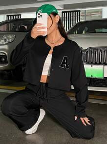 SHEIN EZwear Thư được vá Áo khoác & Eo dây rút Quần - màu đen - Xem 6