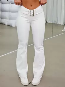 Quần jeans ống loe thắt lưng màu trơn thời trang đơn giản, phù hợp mặc hàng ngày - trắng - Xem 2