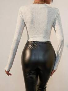 SHEIN ICON 大理石圖案拉鏈開襟前收褶短款T恤 - 灰色 - 查看 2