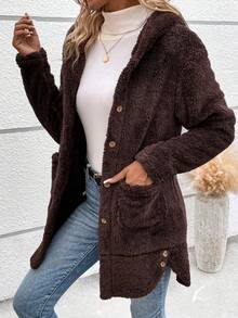 SHEIN LUNE 雙口袋連帽絨毛外套 - 咖啡棕 - 查看 5