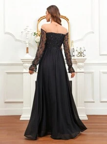 SHEIN Belle 一字肩亮片裝飾正式洋裝 - 黑色 - 查看 2