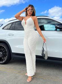 SHEIN SXY 木耳邊後背繫帶繞頸連體褲 - 黃色 - 查看 5