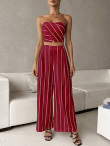 SHEIN Privé In sọc Ống ngọn & Quần ống rộng - Đỏ - Xem 6