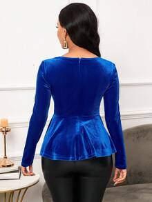 SHEIN Lady 交疊領前圍裹不對稱下擺襯衫 - 藍色 - 查看 2