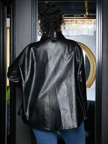 SHEIN CURVE+ Hơn Thả vai chất liệu da PU áo - màu đen - Xem 2