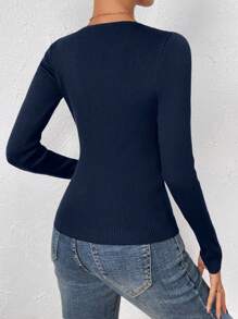 SHEIN LUNE 缺口領條紋針織套頭毛衣 - 藏蓝色 - 查看 2