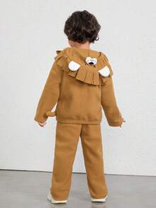 SHEIN Young Boy Cartoon Embroidery 3D Ears Design Hooded Jacket & Pants - Brown - View 2