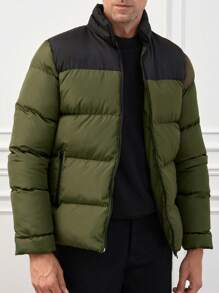 RueChic Men Two Tone Zip Up Puffer Coat - Army Green - View 5