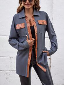 SHEIN LUNE Viền tương phản Túi có nắp Thả vai áo - Xám - Xem 5