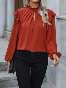 SHEIN Clasi Blusa de cuello con abertura de ojo ribete con fruncido de manga farol - Naranja Quemada - Ver 5