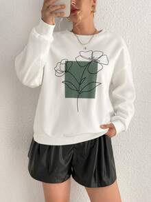 SHEIN Essnce Hơn In hoa Thả vai Áo nỉ - trắng - Xem 4