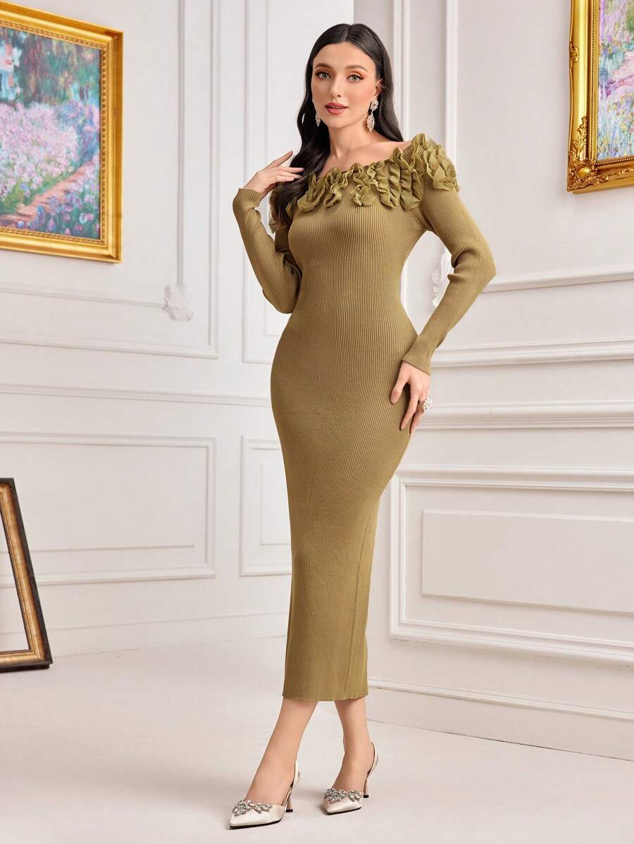 Modelyn Vestido de punto ajustado de hombros descubiertos ribete con fruncido - Verde militar - Ver 1