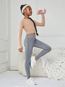 SHEIN Tween Girl Solid Crop Sports Tee With Thumb Hole - Coffee Brown - View 4