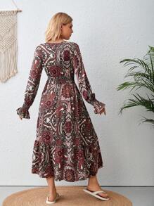 SHEIN VCAY Paisley Print Flounce Sleeve Ruffle Hem Dress - Khaki - View 2