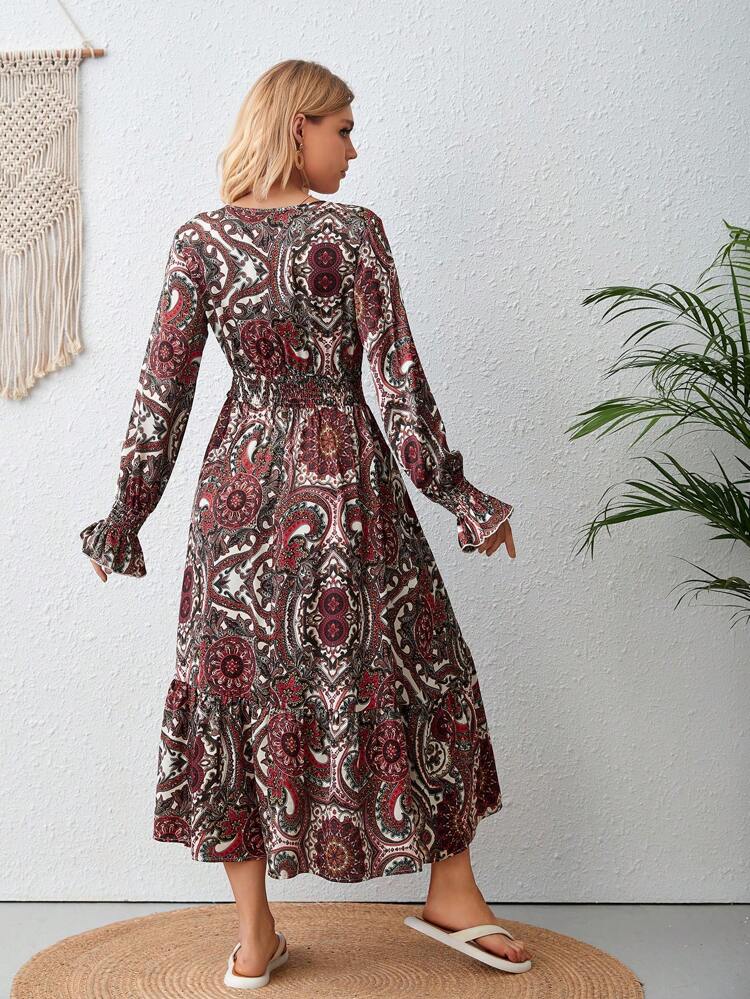 Paisley Print Flounce Sleeve Ruffle Hem Dress