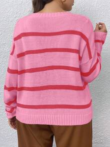 Celure 大碼條紋圖案落肩袖套頭毛衣 - 粉色 - 查看 2
