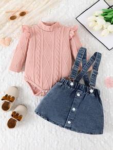 Baby Girl Ruffle Trim Mock Neck Tee & Denim Pinafore Skirt - Dusty Pink - View 5