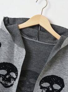SHEIN EZwear Cárdigan de plumero con patrón de cráneo de hombros caídos con capucha - Gris - Ver 4