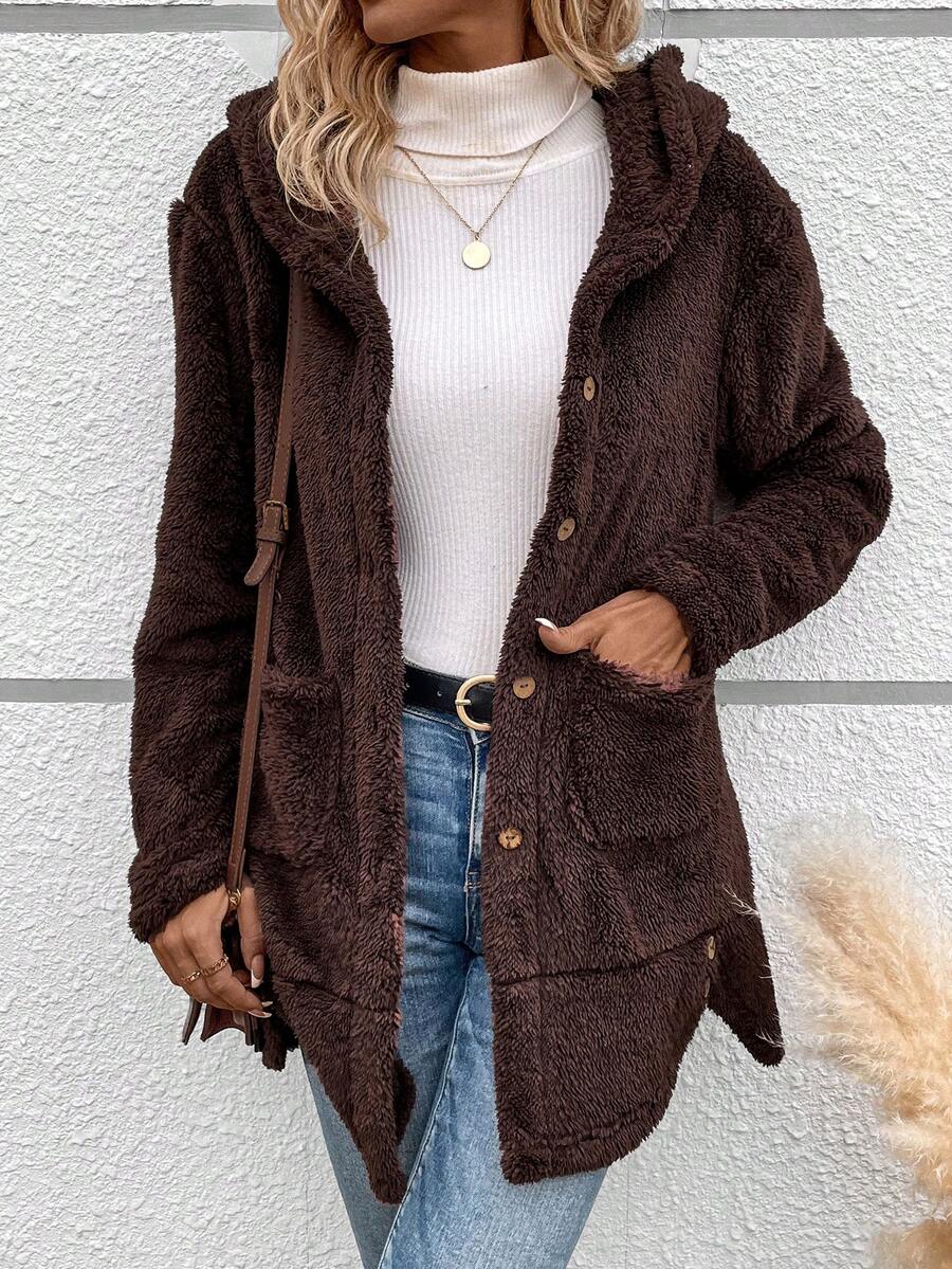SHEIN LUNE 雙口袋連帽絨毛外套 - 咖啡棕 - 查看 1