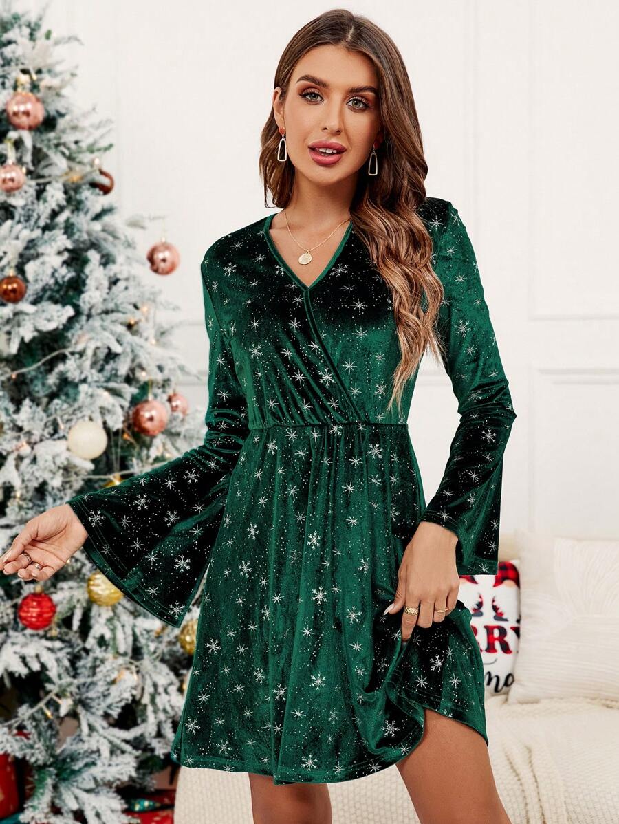 SHEIN Clasi Natal Impressão De Floco De Neve Manga De Sino Veludo Vestido - Verde escuro - Ver 1