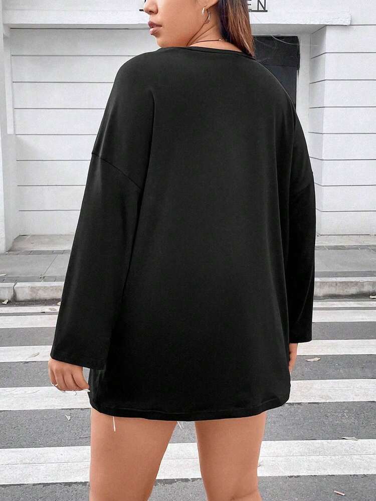 Plus Figure & Letter Graphic Drop Shoulder Tee Fall Cloth For Women