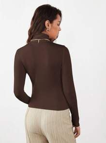 RueChic Solid Brown Turtleneck Elastic Fitted Blouse, Work Uniform - Chocolate Brown - View 2