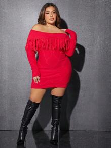 SHEIN SXY Hơn Gấp lại Off Shoulder Viền rìa Váy len bó sát - Đỏ - Xem 1