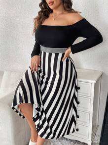 SHEIN Clasi Women's Plus Size Striped Off Shoulder Dress - Black and White - View 5