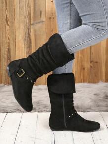 女士們時尚平底及膝靴子帶帶帶扣細節和側拉鍊 - 黑色 - 查看 8