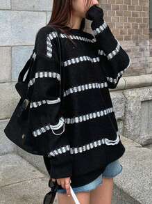 DAZY Striped Pattern Drop Shoulder Sweater,Fall Women Clothes - Black and White - View 1