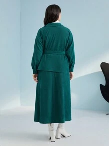 Mulvari Plus Flap Pocket Belted Corduroy Jacket & Skirt - Dark Green - View 3
