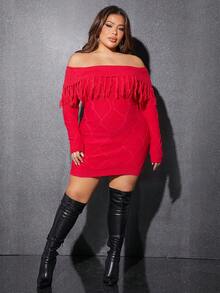 SHEIN SXY Hơn Gấp lại Off Shoulder Viền rìa Váy len bó sát - Đỏ - Xem 4