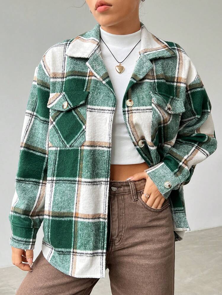 Plaid Pattern Drop Shoulder Flap Pocket Coat