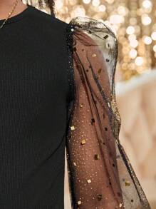 SHEIN Tween Girls' Fashion Party Knit Round Neck Mesh Panel Long Sleeve Blouse - Black - View 3