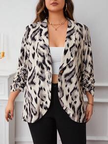 SHEIN LUNE Plus Allover Print Shawl Collar Ruched Sleeve Blazer - Black - View 5