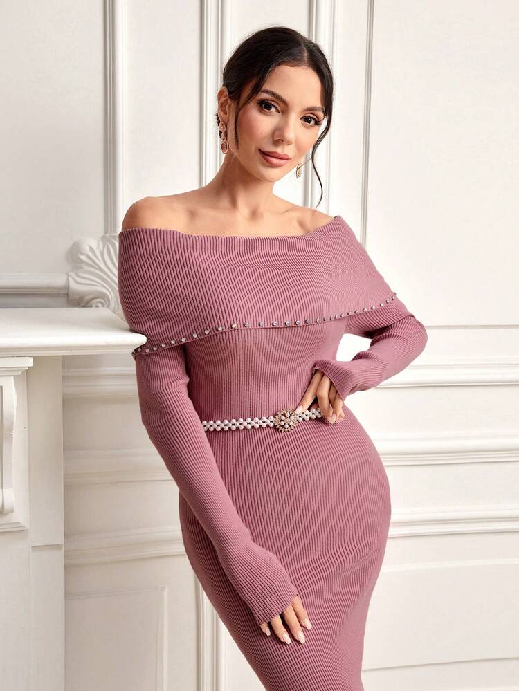 Foldover Off Shoulder Sweater Dress Without Belt Fall Cloth For Women