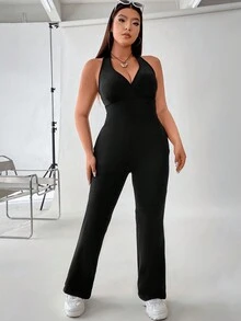 Flirla 大碼素色露背喇叭繞頸連體褲 - 黑色 - 查看 4