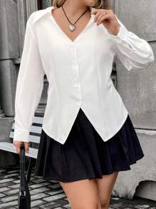 Flirla Plus Blouse Unicolore À Bouton Col En V