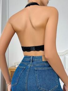 Floral Lace Scallop Trim Backless Halter Neck Bra - Black - View 2