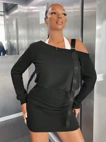 SHEIN SXY Solid Asymmetrical Neck Sweatshirt Dress - Black - View 1