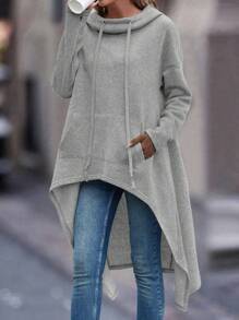 EMERY ROSE Kangaroo Pocket Drop Shoulder Drawstring Hoodie - Grey - View 6