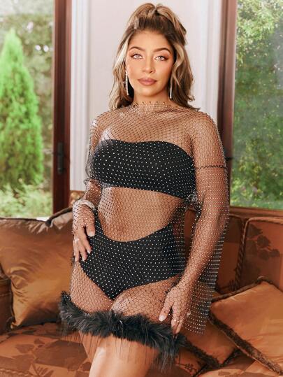 SHEIN X GiudiceGirls 毛茸邊水鑽鉚釘細節薄透緊身洋裝不附帶內衣褲套裝