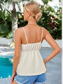 SHEIN VCAY 花卉刺繡前繫帶吊帶上衣 - 米色 - 查看 2