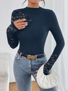 SHEIN Privé Camiseta con encaje en contraste de cuello alto - Azul Marino - Ver 4