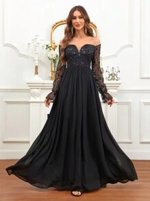 SHEIN Belle 一字肩亮片裝飾正式洋裝 - 黑色 - 查看 7