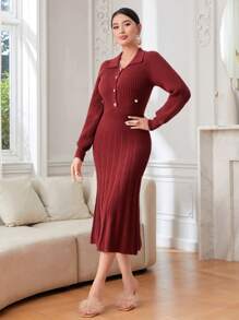 Modelyn Vestido de punto unicolor con botón delantero bajo sirena sin cinturón - Rojo - Ver 5