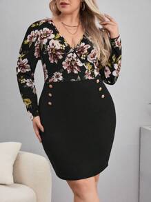SHEIN Privé Hơn In hoa Surplice cổ Nút giả Váy bodycon - màu đen - Xem 1