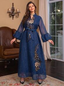 SISKAKIA Váy dài dự tiệc ngày lễ Abaya cho phụ nữ Hồi giáo cổ đứng khoét kim sa tay áo cánh hoa có thắt lưng - Màu xanh hải quân - Xem 2